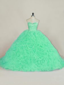Green Ball Gowns Fabric With Rolling Flowers Sweetheart Sleeveless Beading and Ruffles Lace Up Ball Gown Prom Dress Court Train