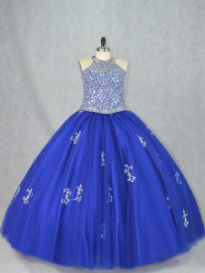 Blue 15th Birthday Dress Sweet 16 and Quinceanera with Beading Halter Top Sleeveless Lace Up