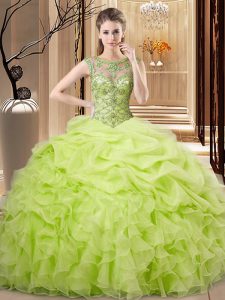 Elegant Yellow Green Sleeveless Floor Length Beading and Ruffles and Pick Ups Lace Up Ball Gown Prom Dress