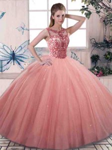 Hot Sale Watermelon Red Ball Gowns Scoop Sleeveless Tulle Floor Length Lace Up Beading 15 Quinceanera Dress