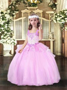 Best Lilac Lace Up Straps Beading Kids Pageant Dress Sleeveless