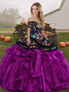 Ball Gowns Sweet 16 Dresses Black And Purple Off The Shoulder Organza Sleeveless Floor Length Lace Up