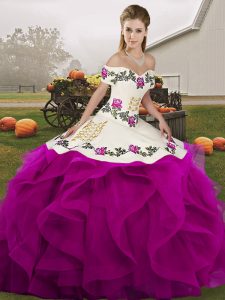 White And Purple Ball Gowns Off The Shoulder Sleeveless Tulle Floor Length Lace Up Embroidery and Ruffles 15 Quinceanera Dress