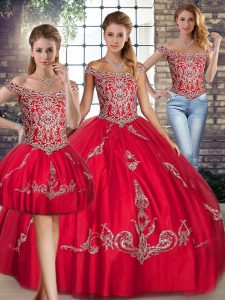 Popular Beading and Embroidery 15th Birthday Dress Red Lace Up Sleeveless Floor Length