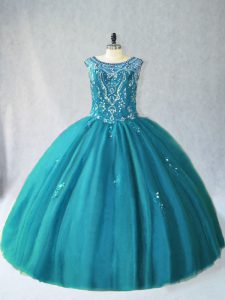 Fashion Teal Ball Gowns Tulle Scoop Sleeveless Beading Floor Length Lace Up Quinceanera Dress