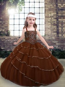 Brown Straps Neckline Beading and Ruffled Layers Little Girls Pageant Dress Sleeveless Lace Up
