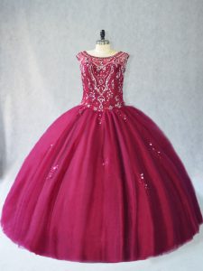 Burgundy Sleeveless Tulle Lace Up Sweet 16 Dress for Sweet 16 and Quinceanera