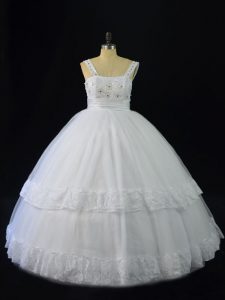 Trendy Straps Sleeveless Lace Up Quinceanera Gowns White Tulle