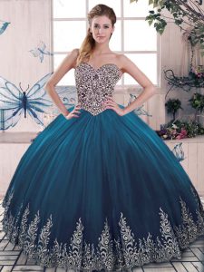Glamorous Sleeveless Tulle Floor Length Lace Up Vestidos de Quinceanera in Blue with Beading and Appliques