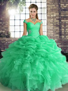 Turquoise Off The Shoulder Neckline Beading and Ruffles and Pick Ups Quinceanera Gowns Sleeveless Lace Up