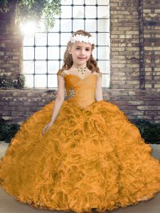 Gold Ball Gowns Beading Little Girl Pageant Dress Lace Up Fabric With Rolling Flowers Sleeveless Asymmetrical