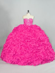 On Sale Sleeveless Beading and Ruffles Lace Up Sweet 16 Quinceanera Dress with Hot Pink Brush Train