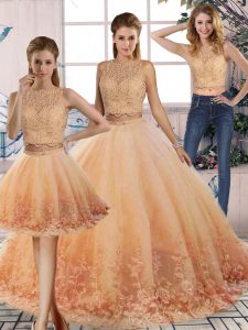Designer Peach Scalloped Neckline Lace 15th Birthday Dress Sleeveless Backless
