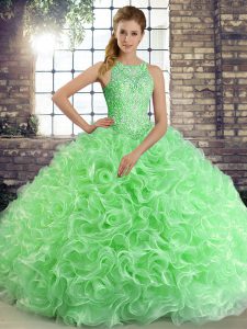 Green Ball Gown Prom Dress Military Ball and Sweet 16 and Quinceanera with Beading Scoop Sleeveless Lace Up