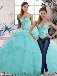 Super Beading and Ruffles Ball Gown Prom Dress Aqua Blue Lace Up Sleeveless Floor Length