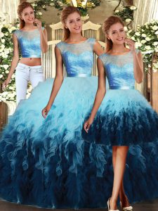 Luxury Lace and Ruffles Vestidos de Quinceanera Multi-color Lace Up Sleeveless Floor Length