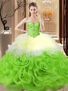 Customized Multi-color Fabric With Rolling Flowers Lace Up Sweetheart Sleeveless Floor Length Vestidos de Quinceanera Beading and Ruffles