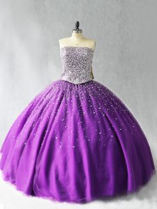 Purple Ball Gown Prom Dress Sweet 16 and Quinceanera with Beading Strapless Sleeveless Lace Up
