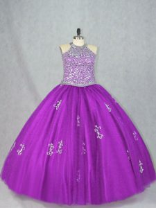 Classical Ball Gowns Sweet 16 Dress Purple Halter Top Tulle Sleeveless Floor Length Lace Up