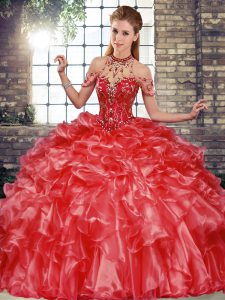 Suitable Halter Top Sleeveless Quinceanera Gowns Floor Length Beading and Ruffles Coral Red Organza