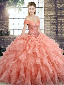 Peach Off The Shoulder Lace Up Beading and Ruffles Quinceanera Gowns Brush Train Sleeveless