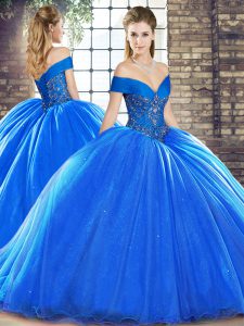 Royal Blue Ball Gowns Beading Quinceanera Gowns Lace Up Organza Sleeveless