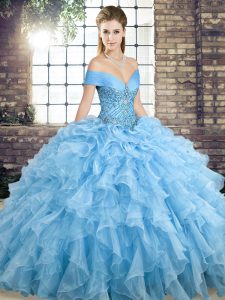 Blue Sleeveless Beading and Ruffles Lace Up 15 Quinceanera Dress