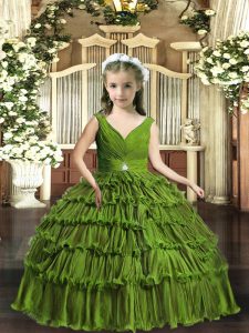 Olive Green Sleeveless Beading and Ruffled Layers Floor Length Pageant Dress for Teens