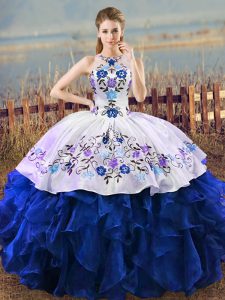 Adorable Blue And White Ball Gowns Halter Top Sleeveless Organza Floor Length Lace Up Embroidery and Ruffles Quinceanera Gowns