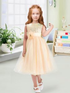 Fancy Sleeveless Zipper Tea Length Sequins and Hand Made Flower Kids Formal Wear