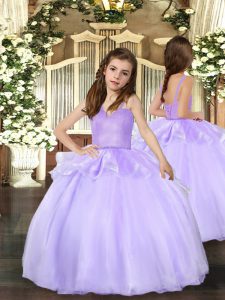Elegant Ball Gowns Little Girls Pageant Dress Lavender Straps Organza Sleeveless Floor Length Lace Up
