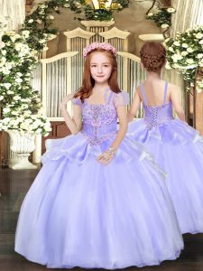 Lavender Straps Lace Up Beading Little Girls Pageant Gowns Sleeveless