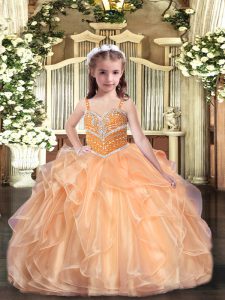 Floor Length Ball Gowns Sleeveless Peach Girls Pageant Dresses Lace Up