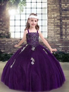 Purple Ball Gowns Appliques Kids Pageant Dress Lace Up Tulle Sleeveless Floor Length