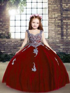 Floor Length Lace Up Pageant Gowns Red for Party and Wedding Party with Appliques