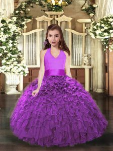 Halter Top Sleeveless Organza Pageant Dress for Womens Ruffles Lace Up