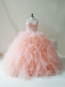 Ideal Peach Sleeveless Beading and Ruffles Floor Length Sweet 16 Dress