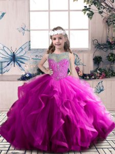 Fuchsia Scoop Lace Up Beading and Ruffles Little Girls Pageant Dress Sleeveless