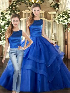 Fine Floor Length Royal Blue 15 Quinceanera Dress Scoop Sleeveless Lace Up