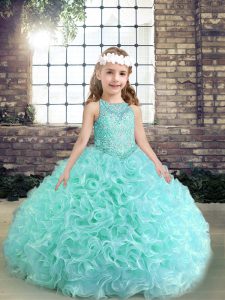 Wonderful Apple Green Ball Gowns Beading Girls Pageant Dresses Lace Up Fabric With Rolling Flowers Sleeveless Floor Length