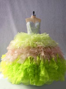 Multi-color Ball Gowns Organza Sweetheart Sleeveless Beading and Ruffles Floor Length Lace Up Ball Gown Prom Dress