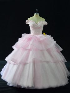 Pink Organza Lace Up Off The Shoulder Sleeveless Quinceanera Dresses Brush Train Beading and Ruffled Layers