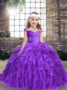 Elegant Straps Sleeveless Organza Girls Pageant Dresses Beading and Ruffles Lace Up