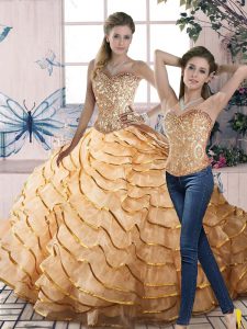Gold Sleeveless Organza Brush Train Lace Up Quinceanera Dresses for Sweet 16 and Quinceanera