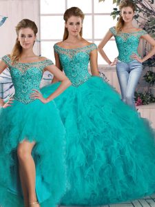 Attractive Lace Up Vestidos de Quinceanera Aqua Blue for Sweet 16 and Quinceanera with Beading and Ruffles Brush Train
