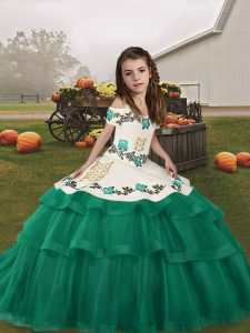 Sleeveless Tulle Floor Length Lace Up Little Girls Pageant Dress in Turquoise with Embroidery and Ruffled Layers