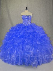 Free and Easy Strapless Sleeveless Sweet 16 Dress Floor Length Beading and Ruffles Blue Organza