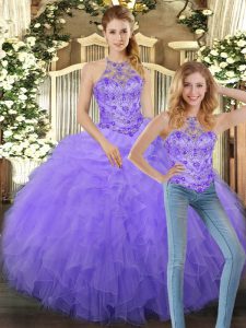 Lavender Tulle Lace Up Halter Top Sleeveless Floor Length Vestidos de Quinceanera Beading and Ruffles