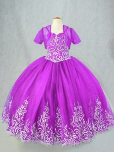 Sleeveless Tulle Floor Length Lace Up Pageant Dress Toddler in Purple with Beading and Embroidery