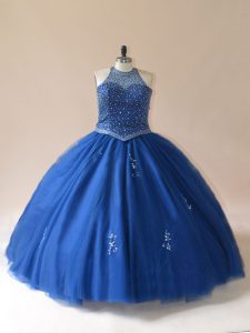 Blue Lace Up 15 Quinceanera Dress Beading Sleeveless Floor Length